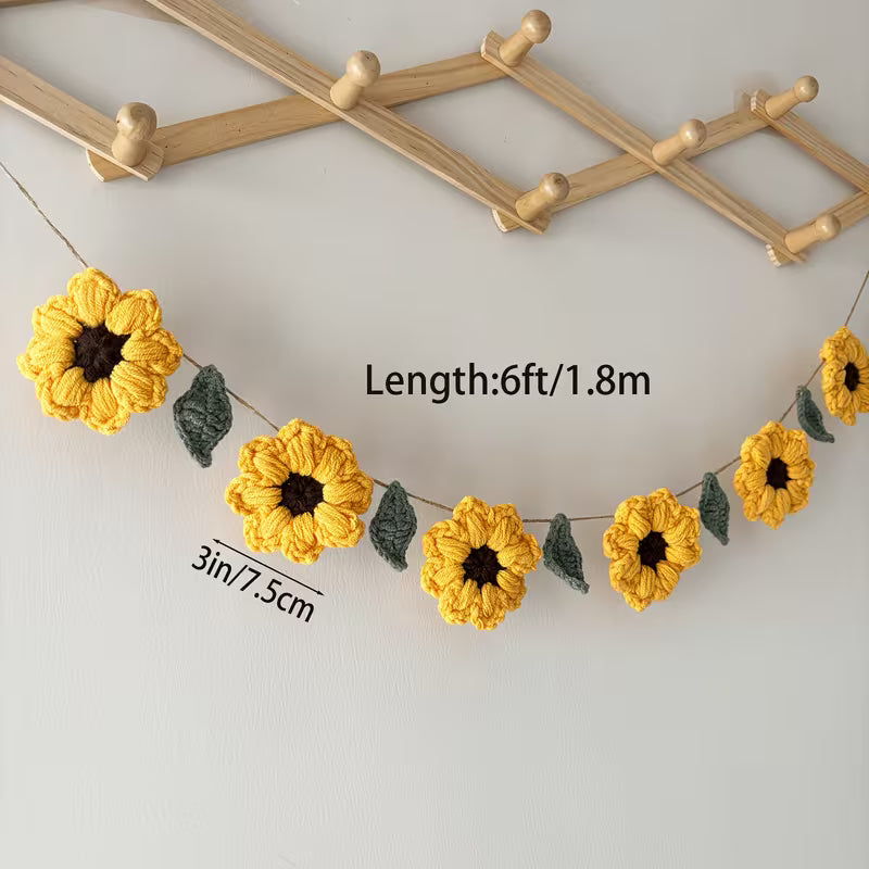Crochet Sunflower Garland, Crochet Leaf Garland, Handmade Crochet Garland Banner, Crochet
