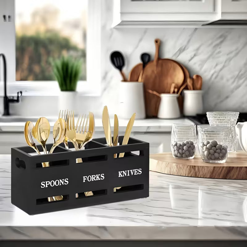 Wooden Utensil Holder, Country Tableware And Cutlery Rack, Black Party Fork Knife Spoon