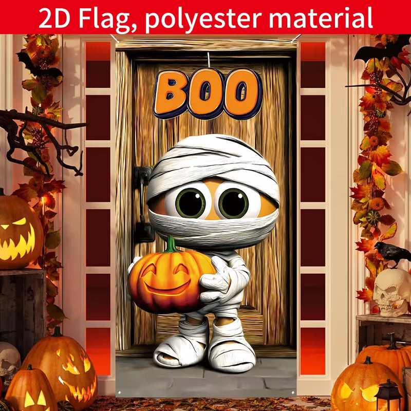 1pc Large Halloween Door Decoration - Funny Mummy Pumpkin Plaque with BOO Design