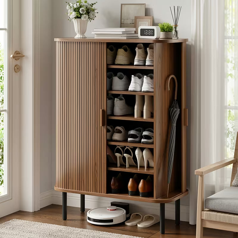 PAZCASA 6-Tier Shoe Cabinet with Sliding Door, Wooden Shoe Storage Cabinet with Adjustable Shelves