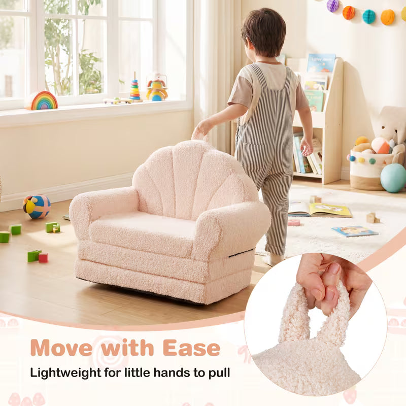 Fold-Out Kids Sofa, 2-In-1 Convertible Couch And Lounger with Washable Teddy Fleece Cover
