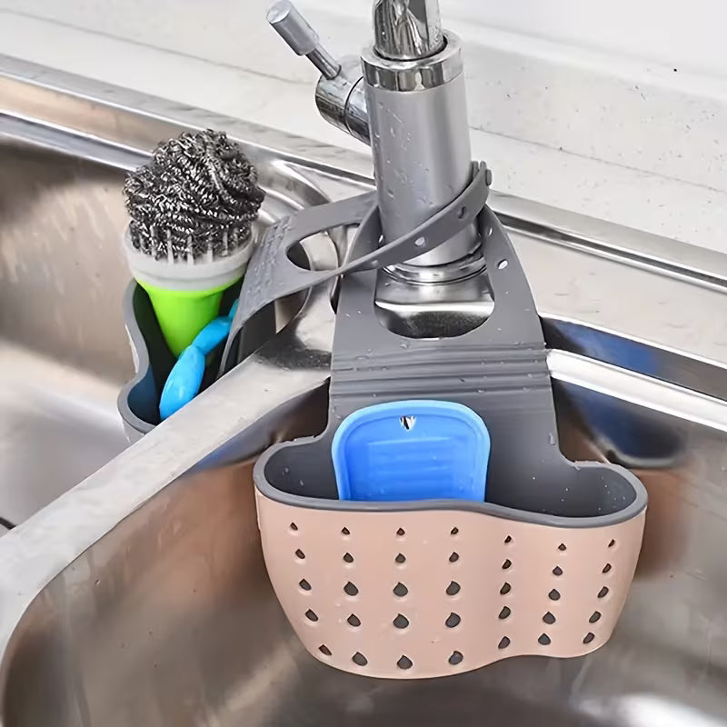 Adjustable Hanging Sink Organizer Basket • Space-Saving Sponge, Brush And Cleaning Tool Drain