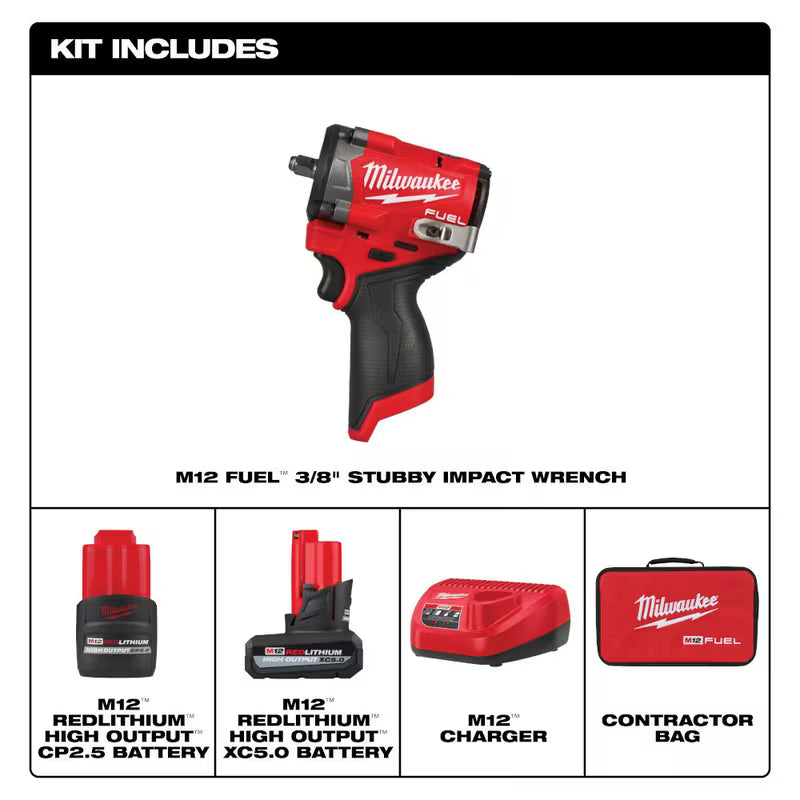 Milwaukee 2562-22 M12 FUEL 3/8" Stubby Impact Wrench Kit - Includes XC5.0 & CP2.5 Batteries