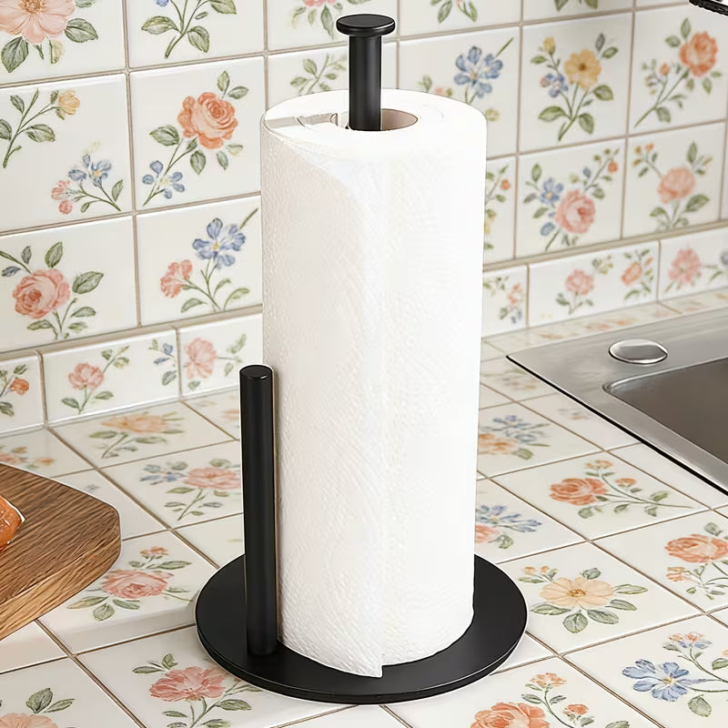 Sturdy Black Metal 1pc Modern Countertop Paper Towel Holder | One-Hand Tear Design