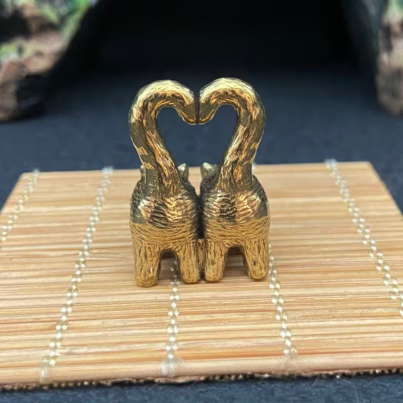 Handmade Vintage Brass Double Cat Figurine Ornament, Heart-Shaped Tail Couple Kittens