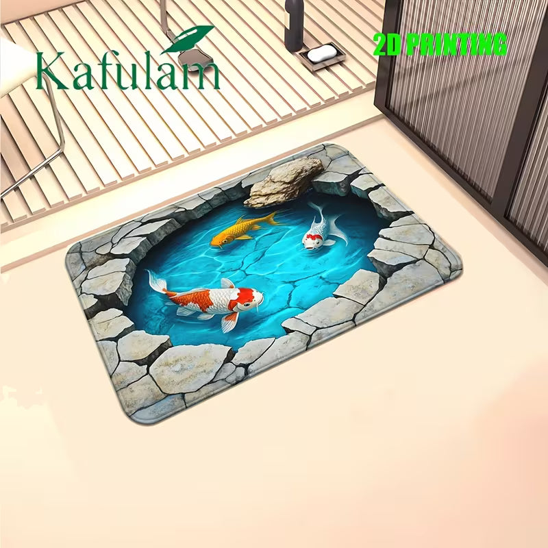 1pc 2D Carpet with Koi Fish Design | Flannel and Polyester, Machine Washable, Suitable