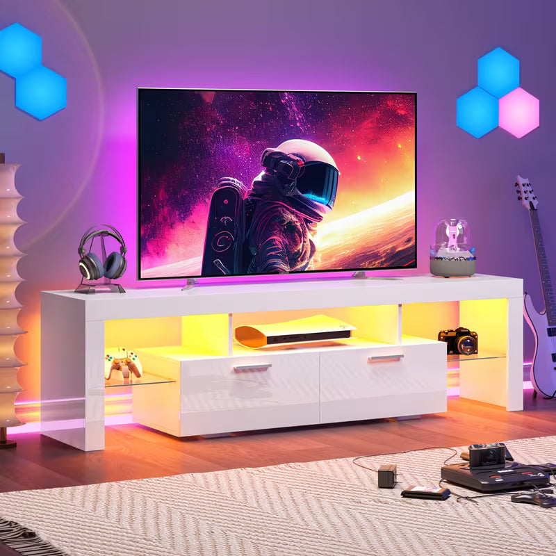71" High Gloss White TV Stand with LED Lights for 55/65/75/80 Inch TVs