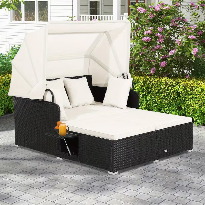 COSTWAY 2-Person Outdoor Daybed, Patio Double Chaise Lounger with Retractable Canopy And Side