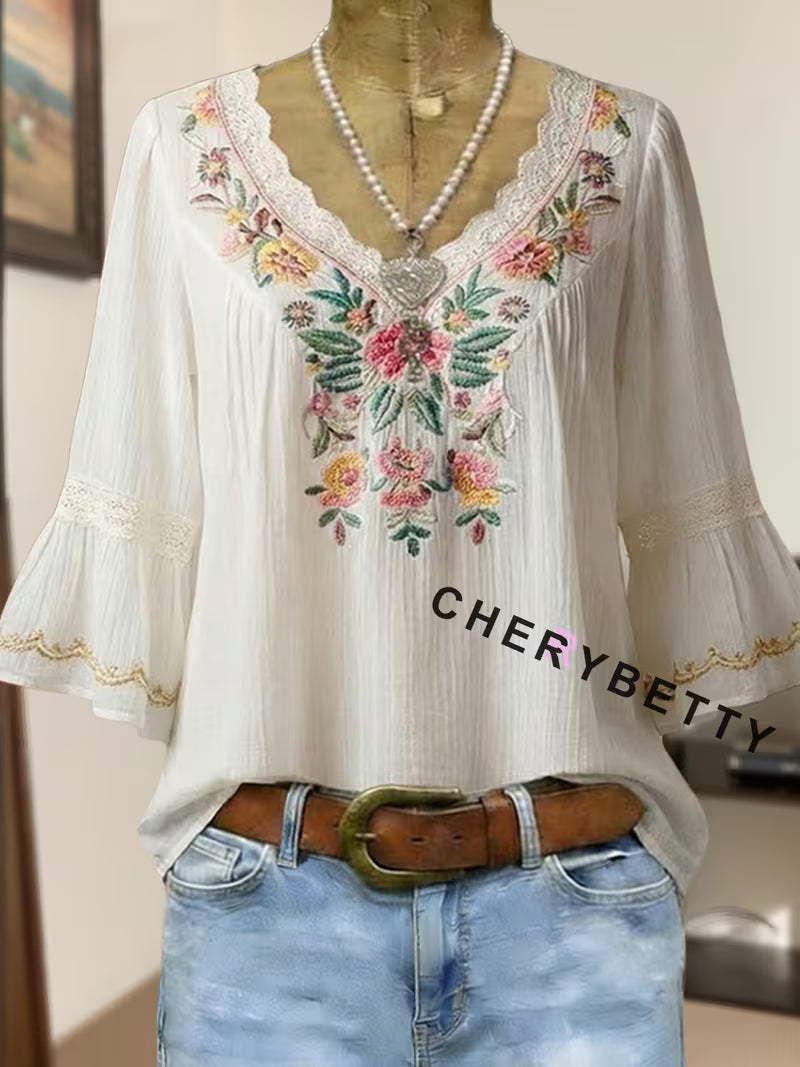 CHERRYBETTY Women's Floral Embroidered Blouse Lace V-Neck Bell Sleeve Boho Chic Top Mexican