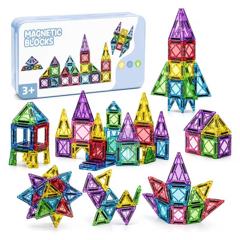 24-Piece Magnetic Building Blocks with Clear Magnets & Colorful Tiles