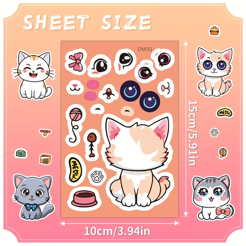 8-Piece/16-Piece/24-Piece Cute Cat Puzzle Stickers for Laptops Paper