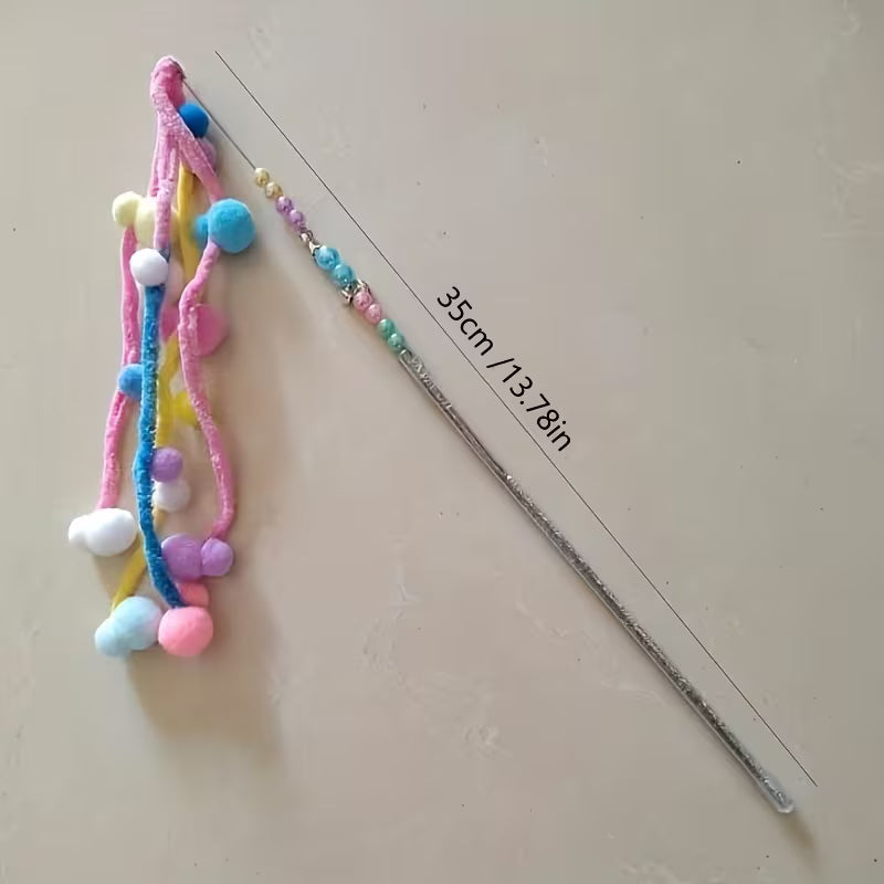 Fuzzy Ball Cat Toy Sticks, Colorful Plush Balls, Iridescent Beads Set