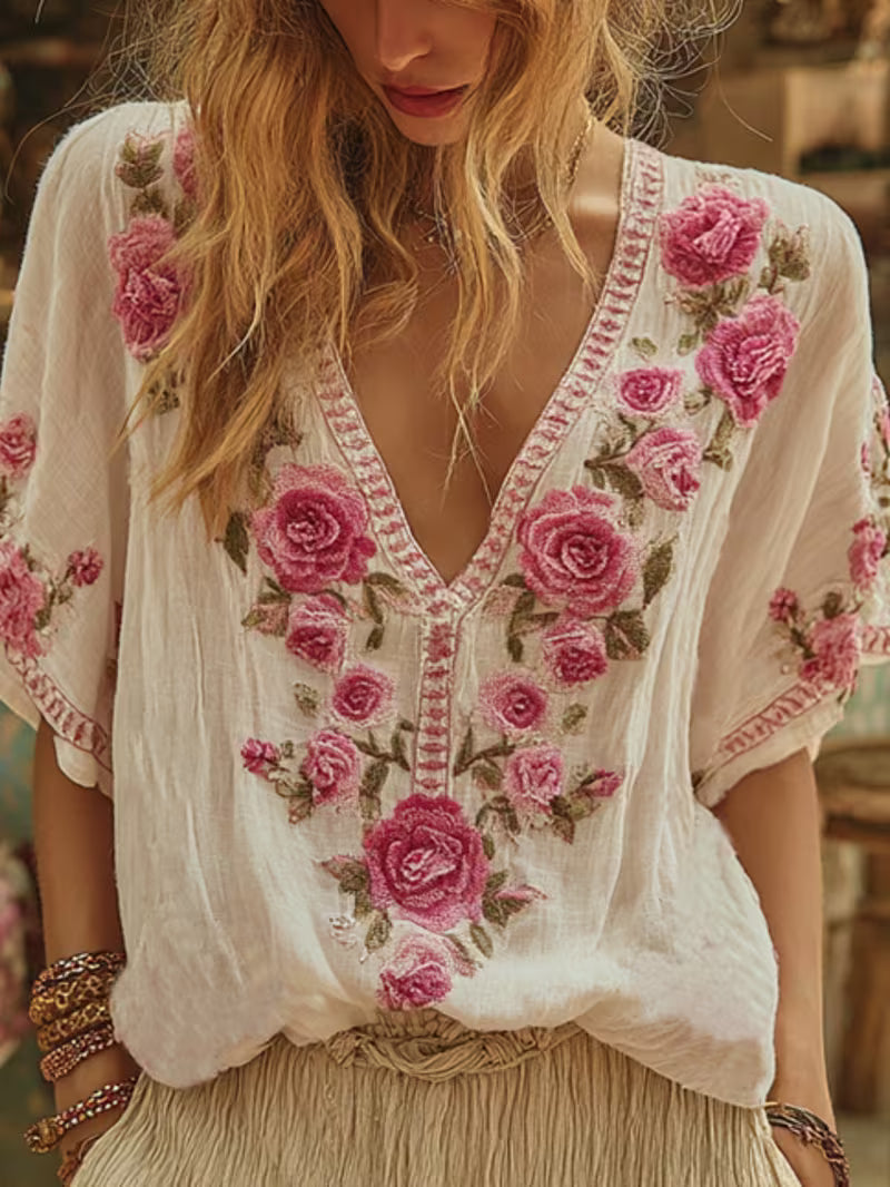 Floral Pattern Embroidered Top Women's Pastoral Romantic Style
