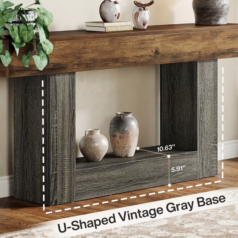 63" Modern Farmhouse Console Table with U-Shaped Base & 2-Tier Shelves