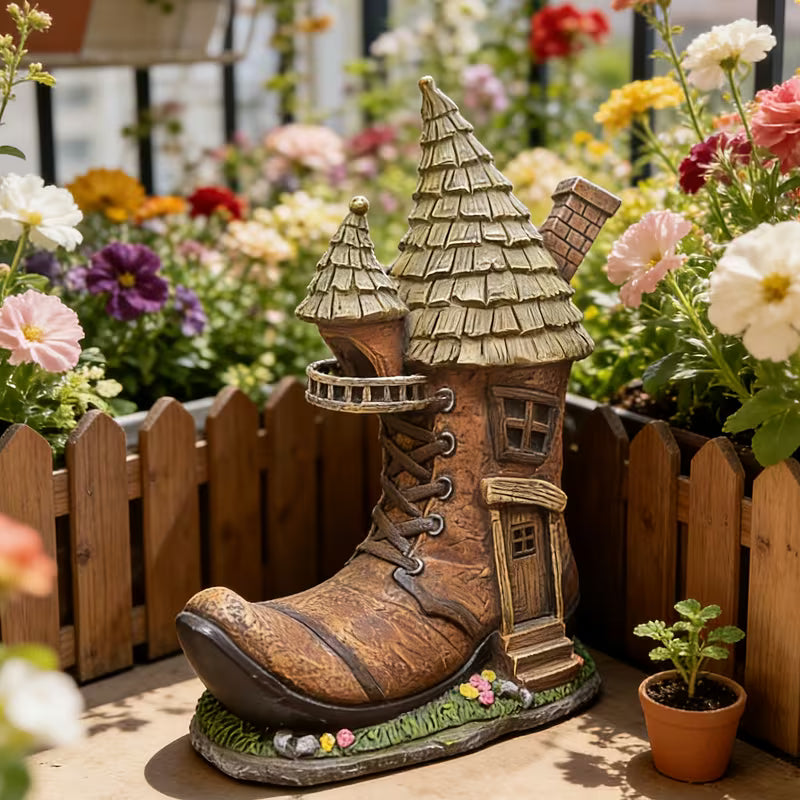 Resin Boot-Shaped House Statue Ornament, Suitable for Outdoor Garden Balcony Decoration