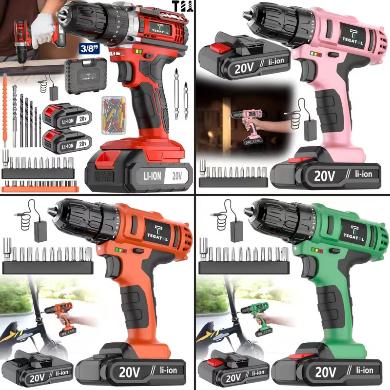 Tegatok 20V Cordless Impact Drill, Available in Multiple Colors, with a Built-In LED Light
