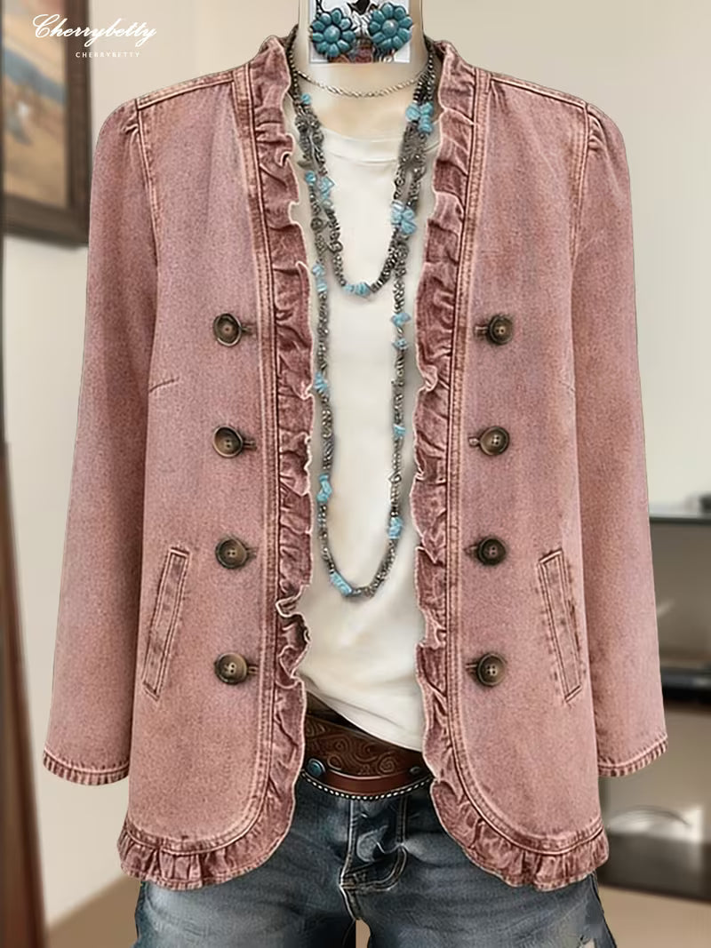 CHERRYBETTY Solid Ruffle Trim Denim Jacket, Women'S Tops And Blouses, Western Pink Denim Jacket