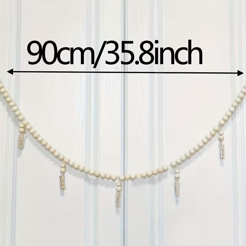 Boho Chic Wall Hanging Photo Display with Wooden Beads Garland & 5 Wood Clips