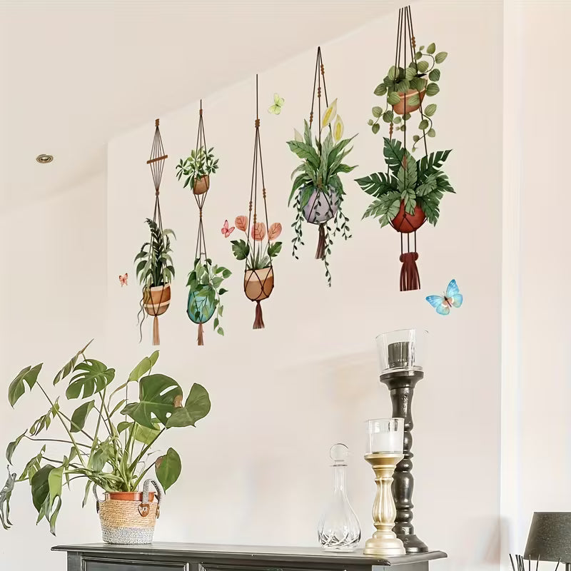 1pc DIY Green Hanging Potted Wall Stickers Plant Vine Wall Decals Peel and Stick Leaves Boho Wall