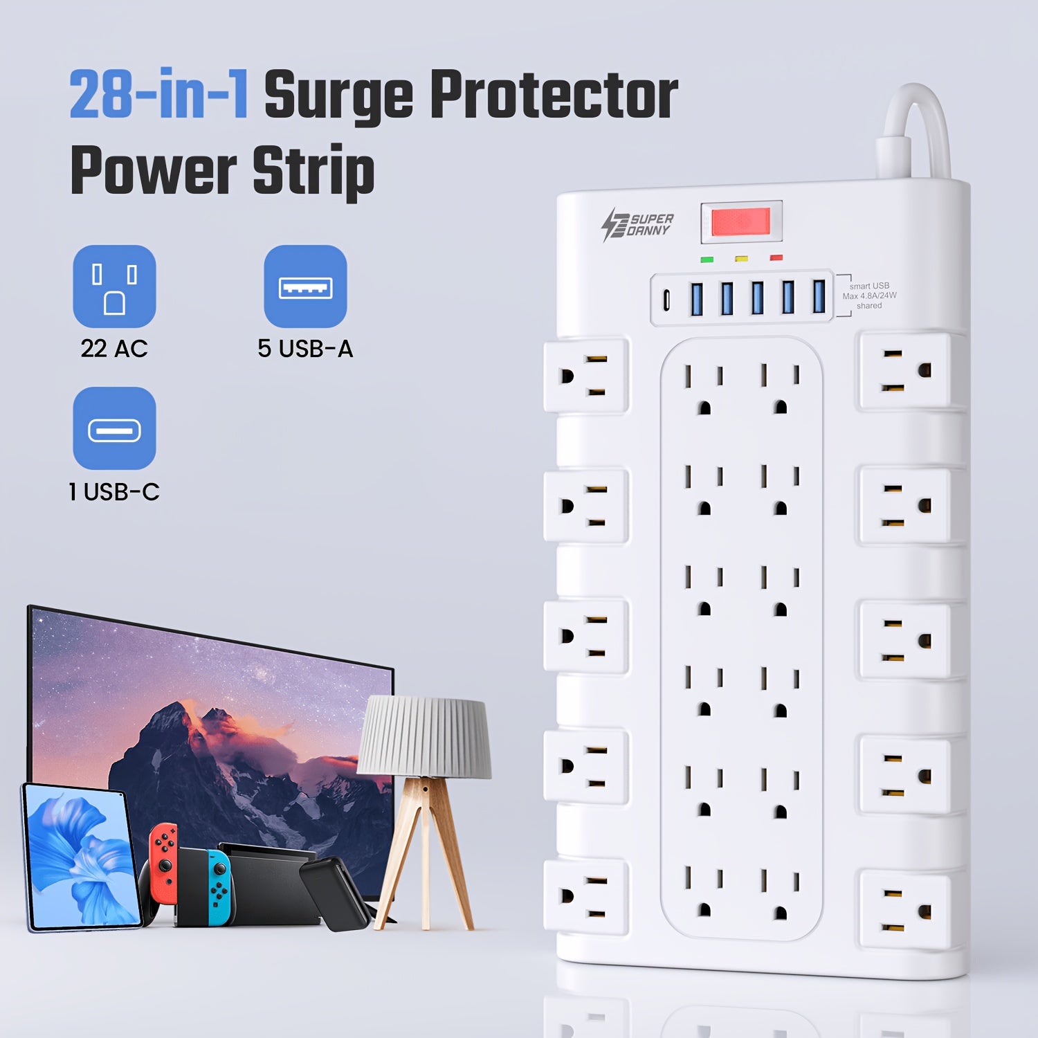 22/4-Outlet Flat Plug Power Strip