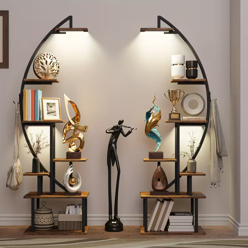 2pcs Bookshelf with Lights, 7 Tiered 65' Multi-Functional Metal Black And Brown Shelving Unit