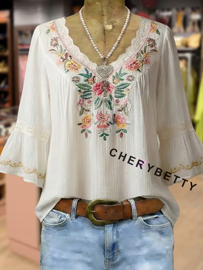 CHERRYBETTY Women's Floral Embroidered Blouse Lace V-Neck Bell Sleeve Boho Chic Top Mexican