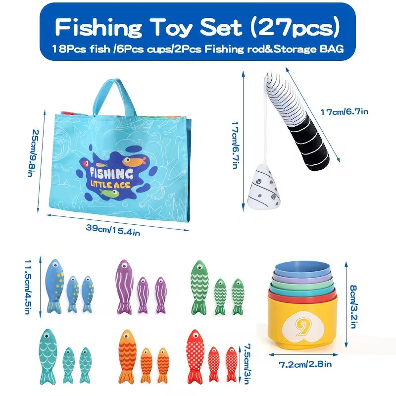 Fishing Toy Set: 2 Fishing Rods + 18 Fish + 6 Stacking