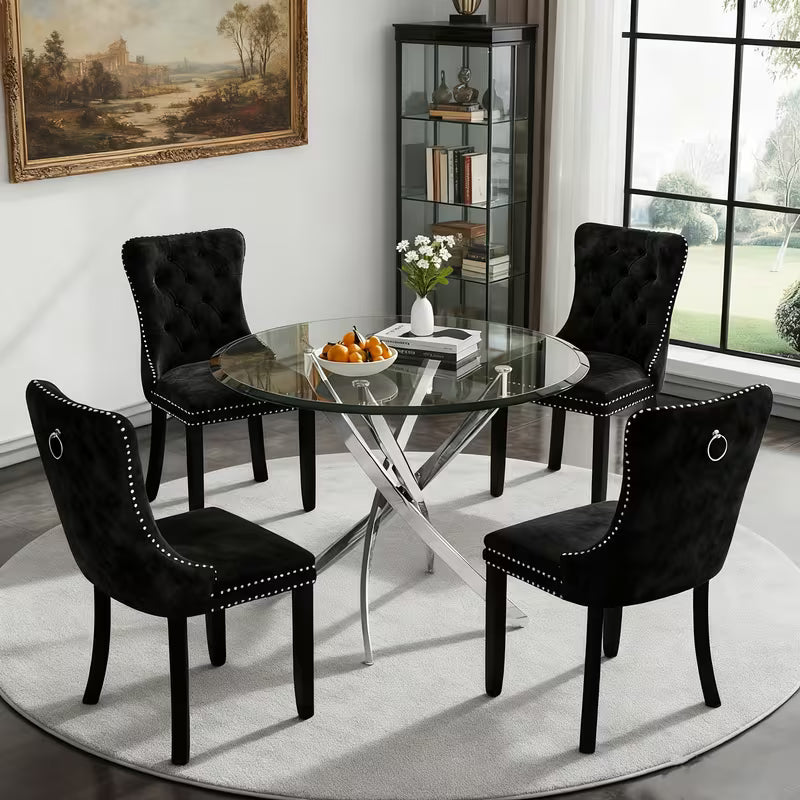 5pcs Modern Dining Table and Chair Set with Tempered Glass Table & Velvet Chairs - -Frame Base