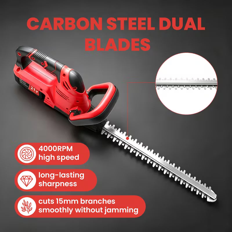 Cordless Hedge Trimmer 21V 600W, 22 Inch Carbon Steel Dual-Action Blade, 4000R/Min