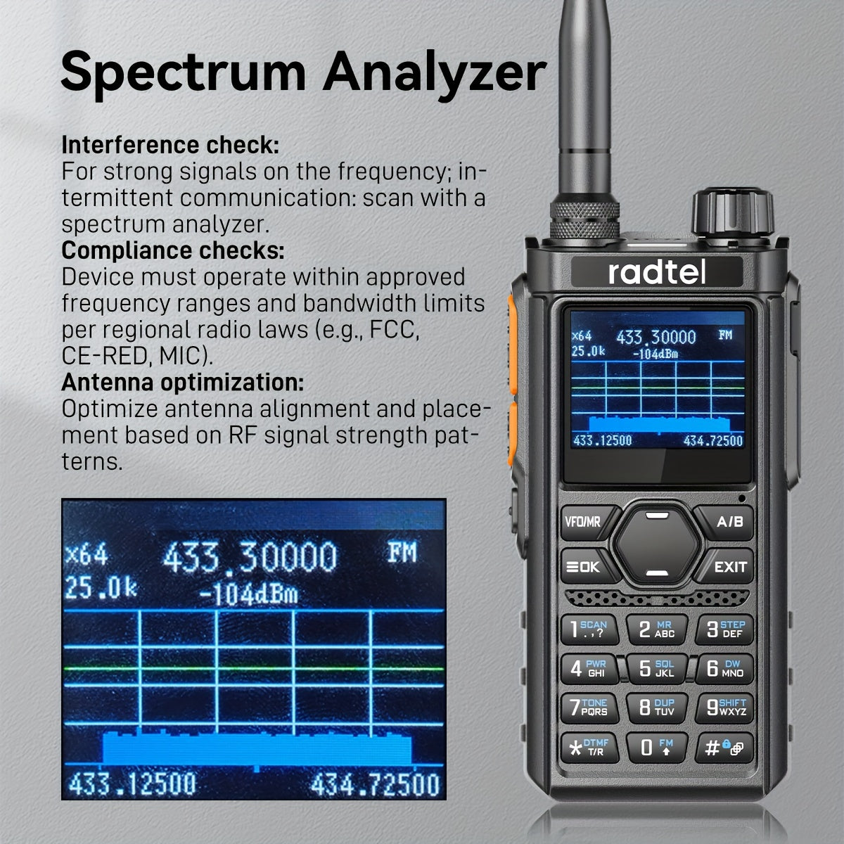 Radtel RT-910B Tri-Band Ham Radio Handheld Walkie Talkie, 45-59MHz 236.22inch