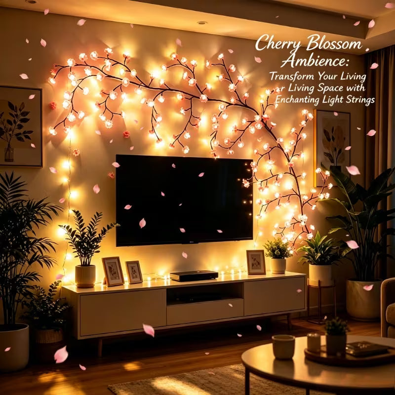 1 Set of 144pcs Cherry Blossom Vine Light Strings (72pcs LED Lights And 72pcs Cherry Blossoms)