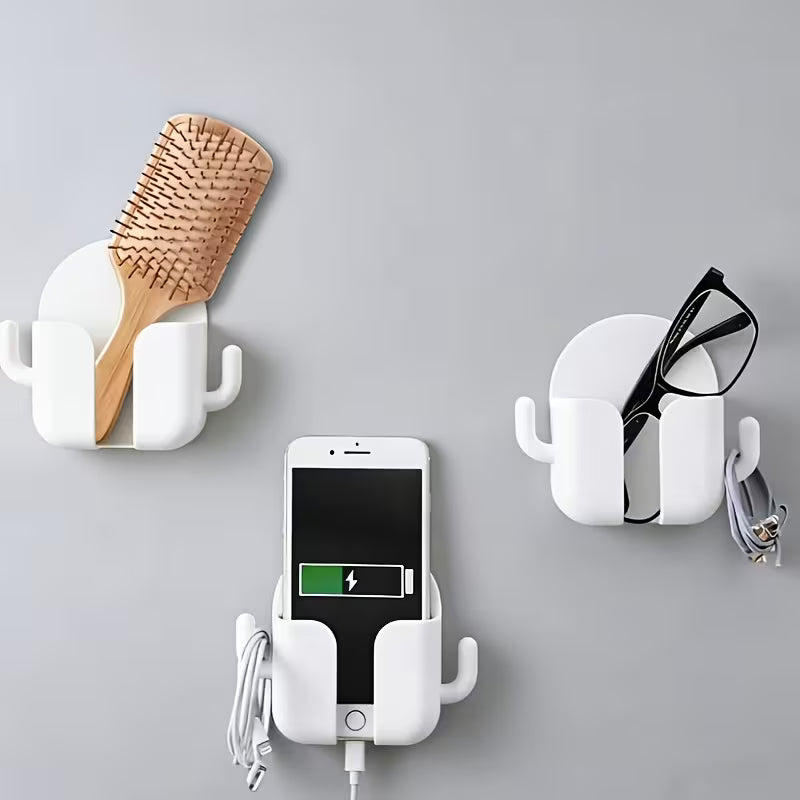 2pcs No-Drill Adhesive Wall Mounts - Stylish White Plastic, Multi-Purpose Storage for Phones &