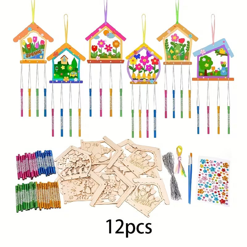 12pcs flower house wind chime set, wooden house wind chime set DIY, Men's and Women's wind chimes