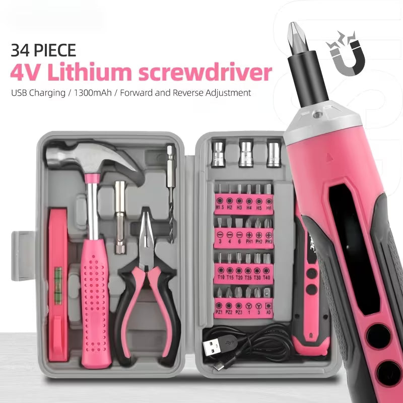 34pcs Pink Cordless Drill & Screwdriver, Women Household DIY Tool Set, Portable USB Electric Drill
