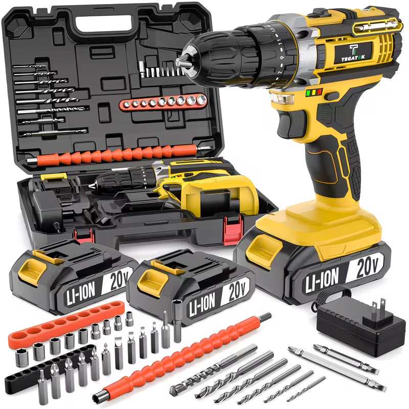 Tegatok 20V 58/136pcs/ 147pcs Cordless Impact Drill Kit Set, Metal