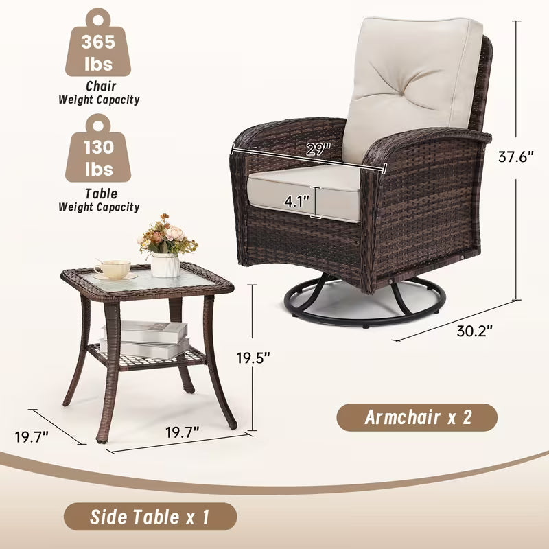 3pcs Patio Furniture Set, Outdoor Swivel Rocking Chairs with Glass Top Table and Thick Cushions