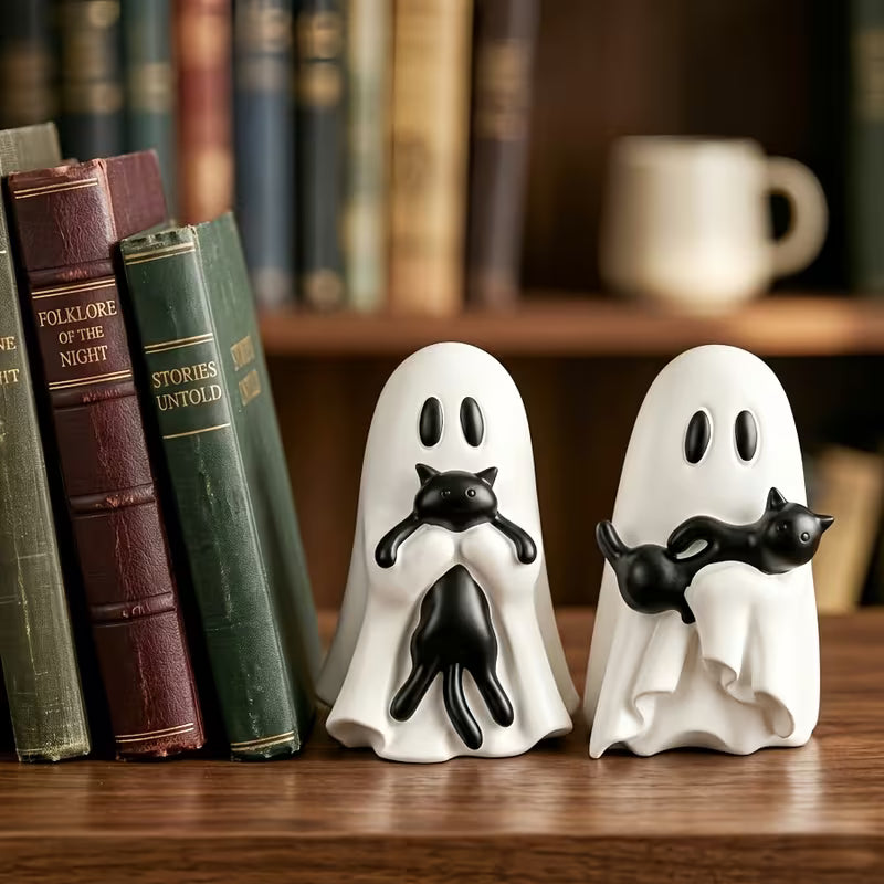 Cute Halloween Ornament (3.5 Inches) - 3.5-Inch Resin Ghost Hugging Cat Sculpture, Aesthetic