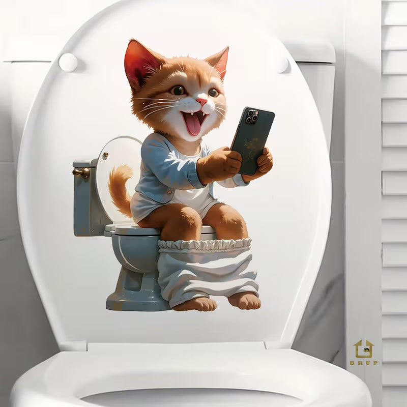 Funny Cat Selfie Toilet Sticker, Cute Cartoon Cat Bathroom Wall Decal, Kids Room Decor