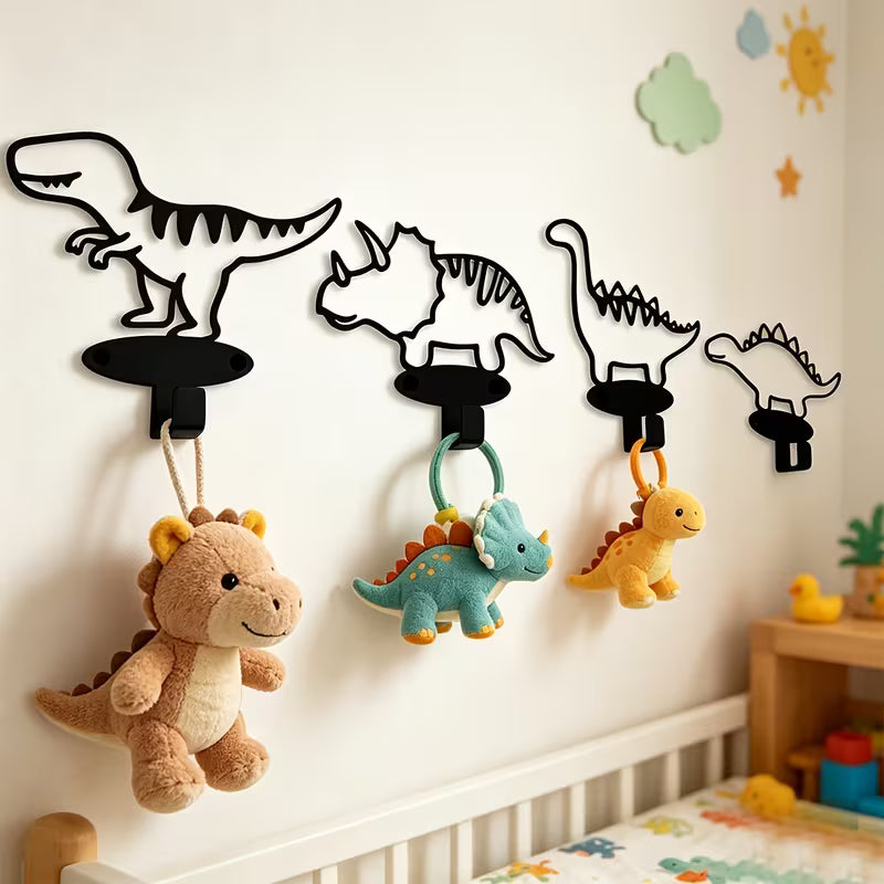 4pcs Art Hook, Cartoon Dinosaur Silhouette Wall-Mounted Coat Hook