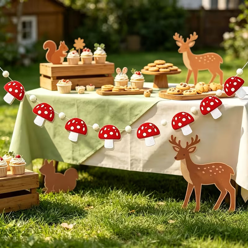Mushroom Garland - Red Mushroom Pompom Banner, Woodland Party Decoration