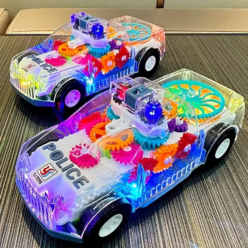 Kids Electric Transparent Gear Police Car Toy Lights Music Powered