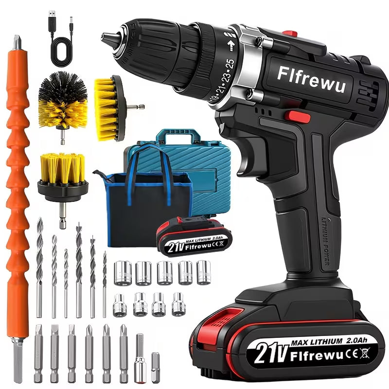 Renovation Special Cordless Drill, 21V 2.0Ah Battery, 2 Speed Transmission, Wood