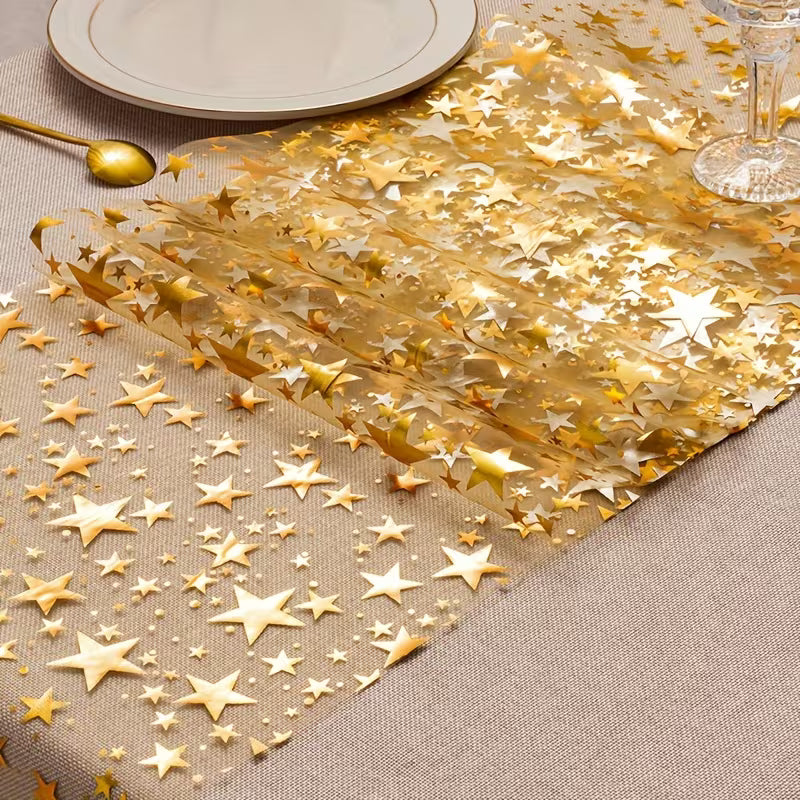 Golden Foil Star Table Runner 11x108" - Metallic Polyester Fabric for Restaurant, Hotel Christmas
