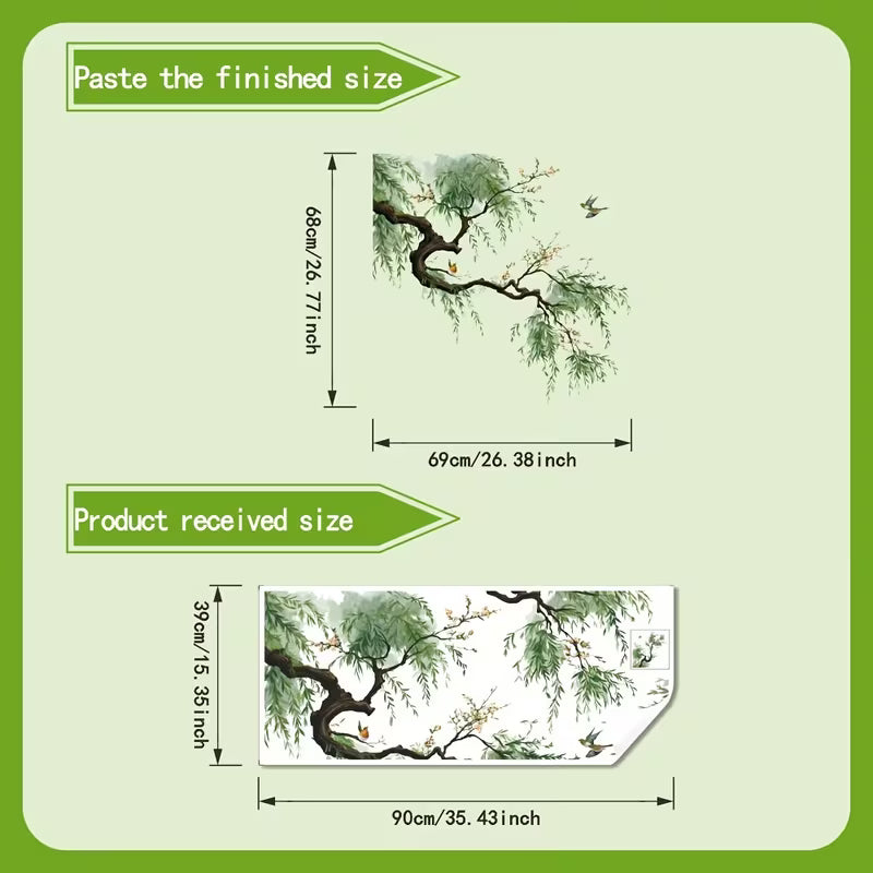 1pc Elegant Weeping Willow Wall Sticker - Minimalist Chinese Style Branch and Bird Theme