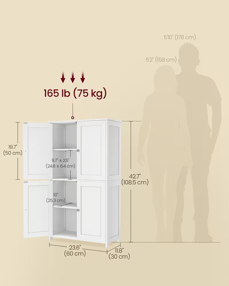 Floor Storage Cabinet, Shaker Style Cabinet with 2 Adjustable Shelves, 4 Doors