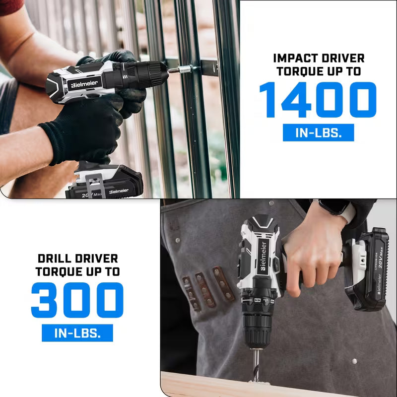 Bielmeier 20V 3/8" Drill & 1/4" Impact Driver Combo Kit, 3200RPM Driving Speed