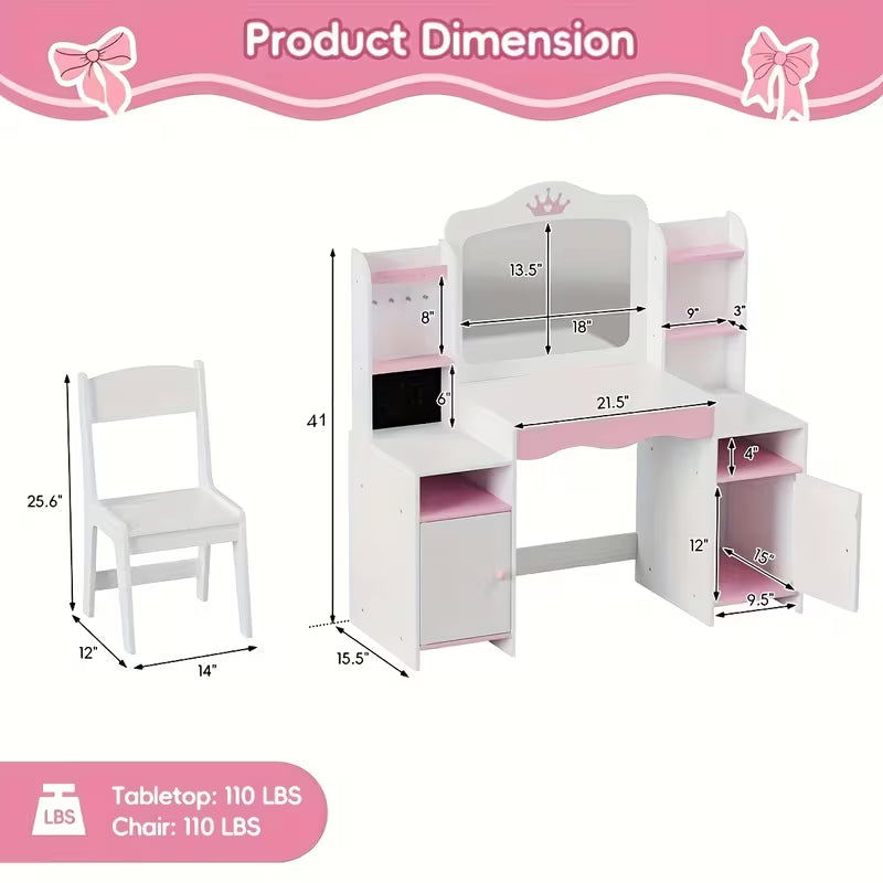 Elegant White 2-in-1 Kids Vanity Set: Storage Cabinet