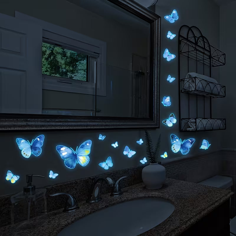 2D Flat, 2D Flat Glow in The Dark Butterfly Wall Sticker Self-Adhesive Removable Toilet Bathtub