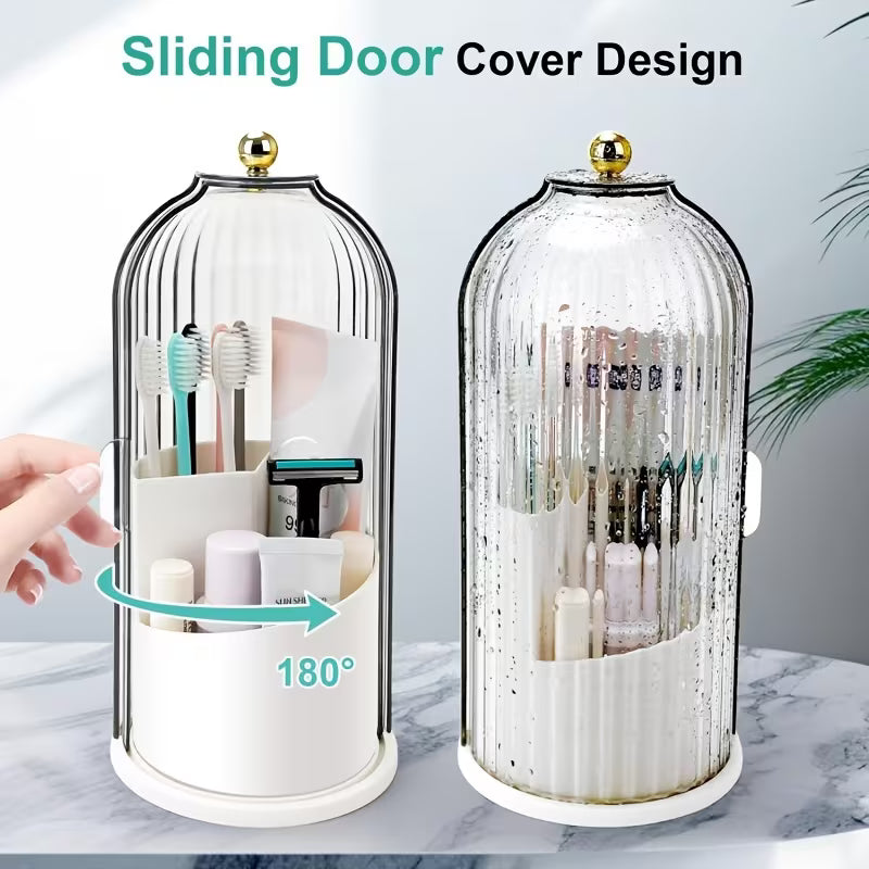 Rotating Three-Slot Toothbrush Holder with Sliding Cover, Bathroom Countertop Storage Rack