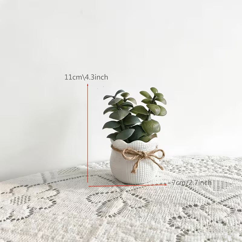5pcs Artificial Evergreen Succulent Mini Potted Plants, Faux Ceramic Pots with Bow Ties
